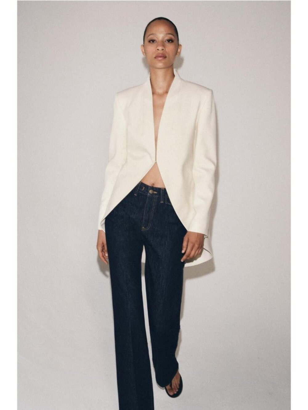 Zara ZW Womens Long Blazer Collarless Small Beige Tailcoat-style 2600/677 NWT